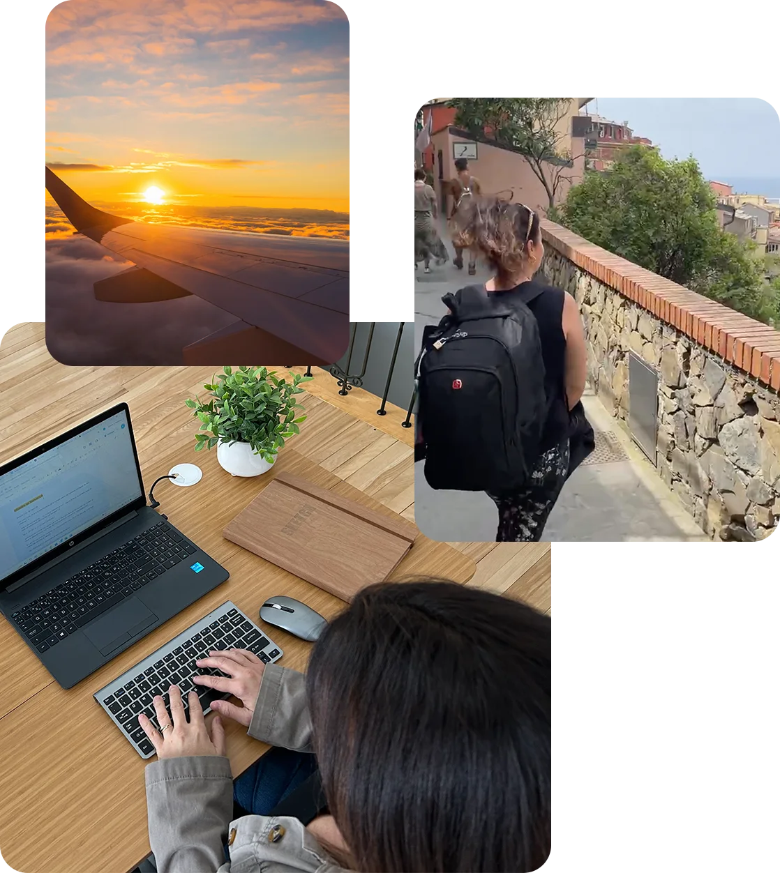 Montage photos d'une aile d'avion, de Cindy en train de travailler et de Cindy avec son sac à dos.